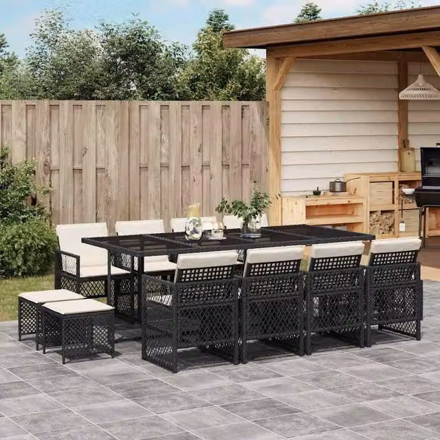 Berkfield Home 13 Piece Black Poly Rattan Garden Dining Set with Cushions and Glass Top