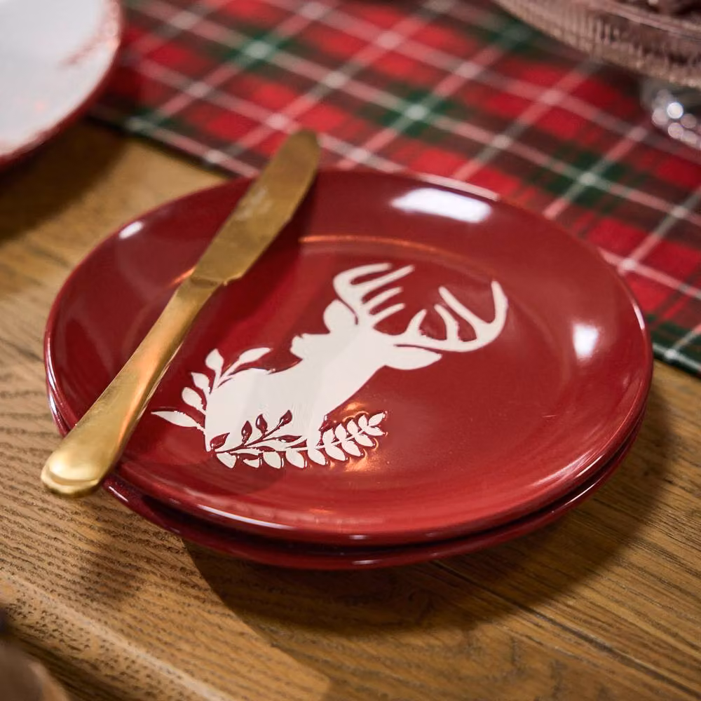 Dibor 6 Piece Red and White Reindeer Christmas Ceramic Dinnerware Set for 2 Adults – 3