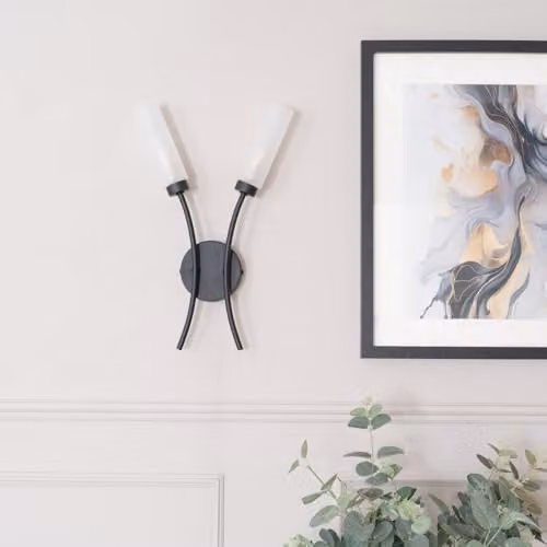 ValueLights 2 Way Curved Matt Black Metal Wall Light Fitting with Bulb Included – 2