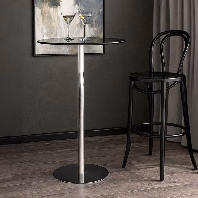 Orsina Sleek Black Tempered Glass Bar Table with Polished Chrome Base, W/D/H: 60 x 60 x 107 cm