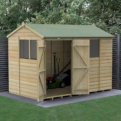 Forest Garden Shiplap Wooden Reverse Apex Shed with 4 Windows and Double Doors in Green and Brown, W: 304.8 cm, D: 182.88 cm, H: 224.47 cm – 2