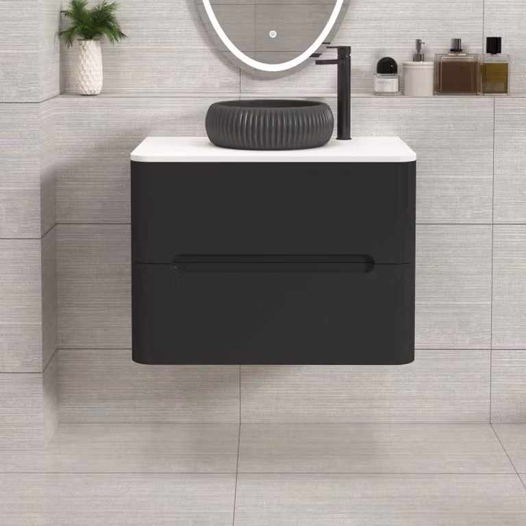 Royal Bathrooms Venice 700mm Wall Hung Vanity Unit in Matt Nocturne Black with 2 Drawers, Plain White Worktop and Milan Black Basin