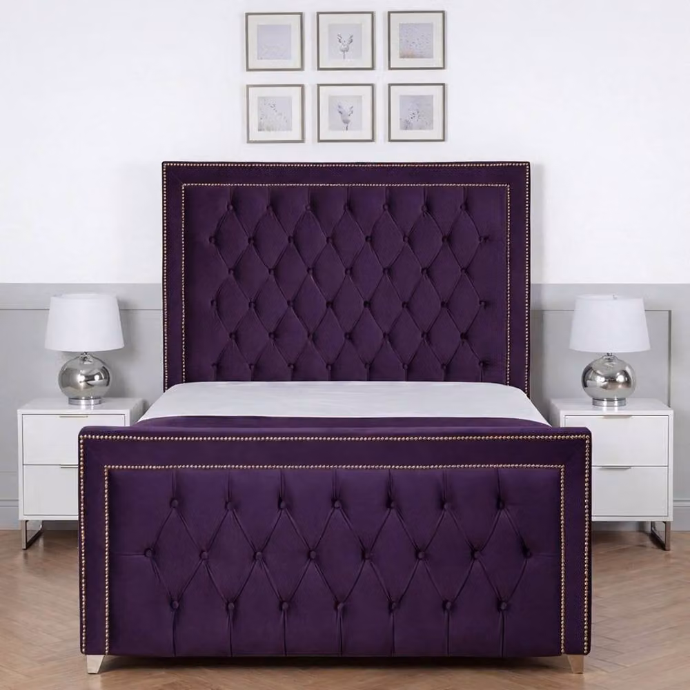 Living Comfort Bedz Metro Plush Velvet Upholstered Bed with Slatted Base and 48 Inch Headboard, Purple, W: 140 cm, D: 200 cm – 2