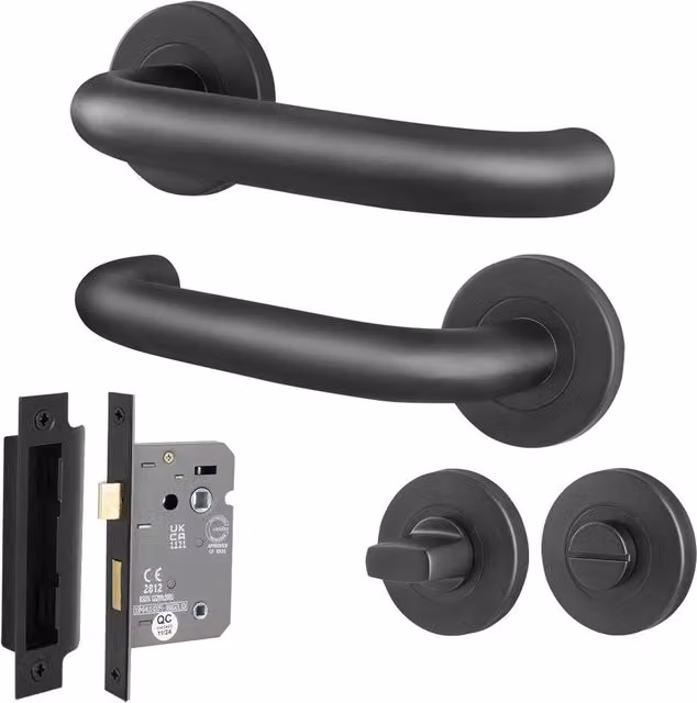 AFIT Matt Black Stainless Steel Return to Door Handles with Bath Lock 64mm, W/D/H: 150 x 150 x 150 mm