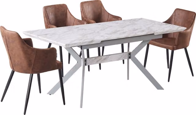 Life Interiors Zarah Blaze LUX Dining Set with Rectangular Drop Leaf Table and 4 Chairs in Brown and Marble Finish