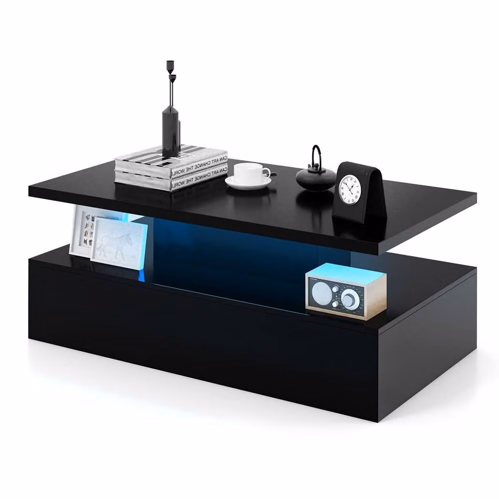 Costway Modern 2-Tier Rectangular Coffee Table with LED Light and Glass Panel in Black – 3
