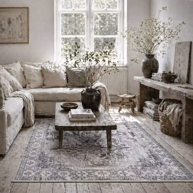 Wyld Haus Linimi Grey Vintage Style Floral Polyester Washable Non Slip Rectangular Rug W: 170 cm, D: 120 cm