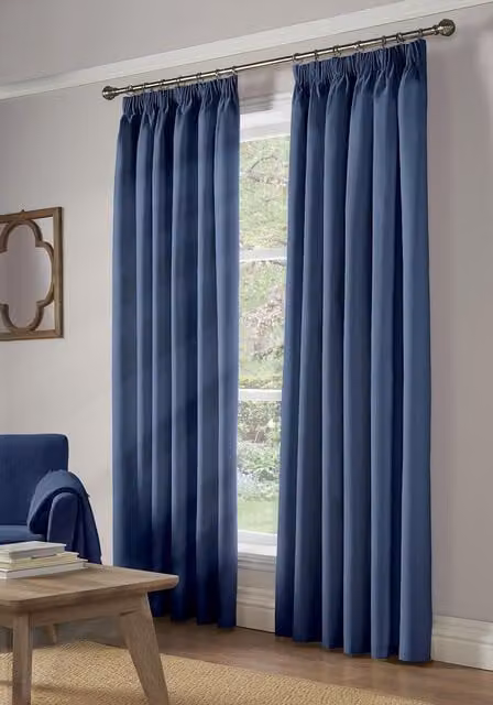 Luxury Living Blue Pencil Pleat Blackout Fabric Curtains, W: 117 cm, H: 183 cm