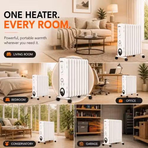 MYLEK 2000W Oil Filled Radiator with Adjustable Thermostat and 24 Hour Timer, White, H 63 cm x W 39 cm x D 39 cm – 4