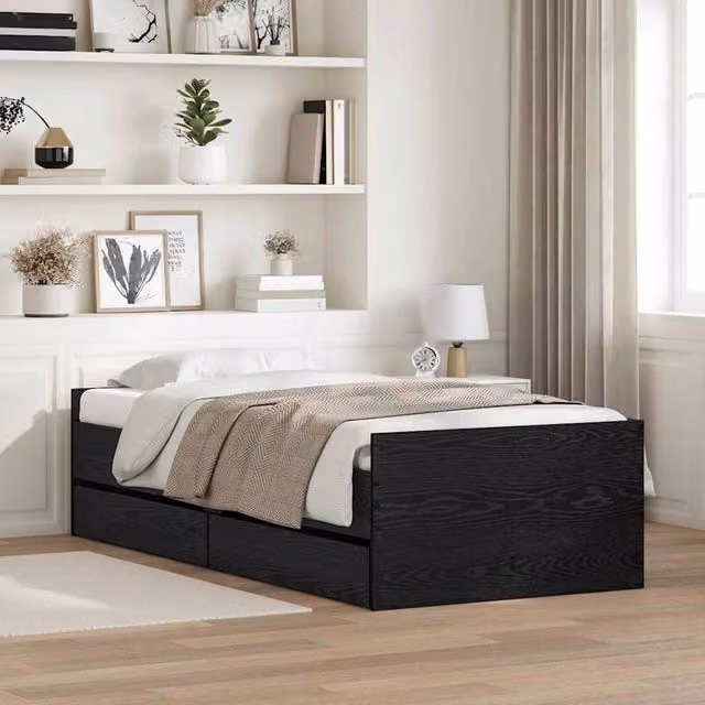 Berkfield Home Black Oak Bed Frame with Drawer in Solid Pine Wood, W/D/H: 90 x 200 cm – 1