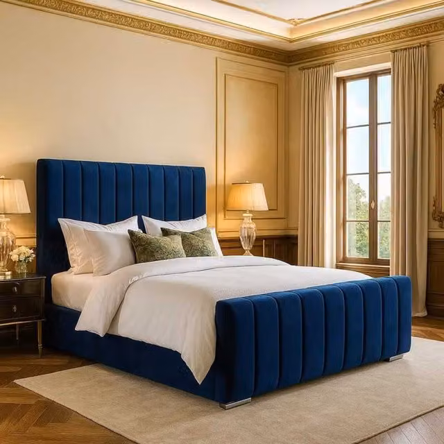 K Mehmood Enterprise Ltd London Blue Velvet Upholstered Divan Ottoman Bed with Headboard