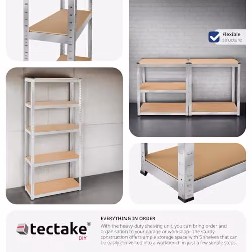 tectake 5-Tier Heavy-Duty Shelving Unit with Galvanised Steel Frame and Adjustable MDF Shelves, W/D/H: 180 x 75 x 30 cm – 3