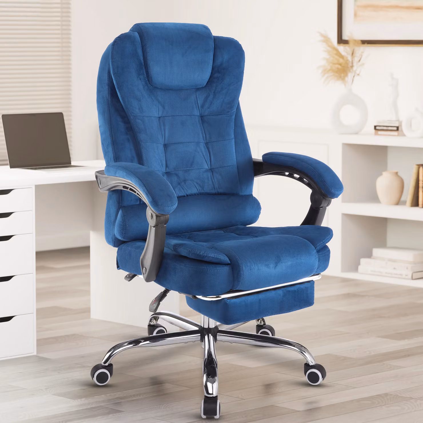 DHS Blue Velvet Ergonomic Executive Office Chair with Headrest and Footrest