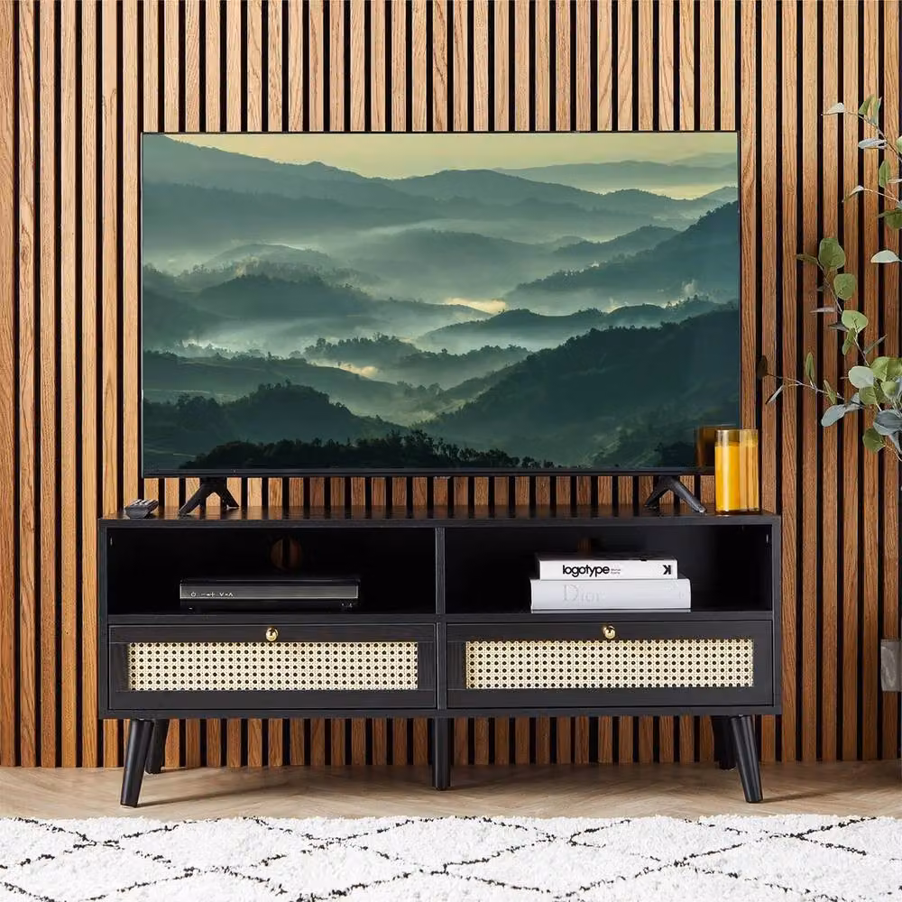 EONLION Art Deco Black Wood and Rattan TV Unit and Entertainment Cabinet, Width: 100 cm – 3