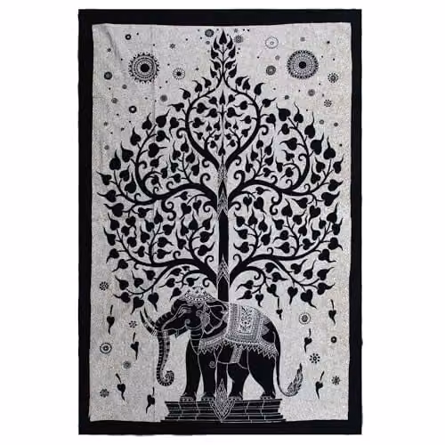 KDMD Single Cotton Bedspread and Wall Hanging Set with Mono Elephant Tree Design in Black – 1