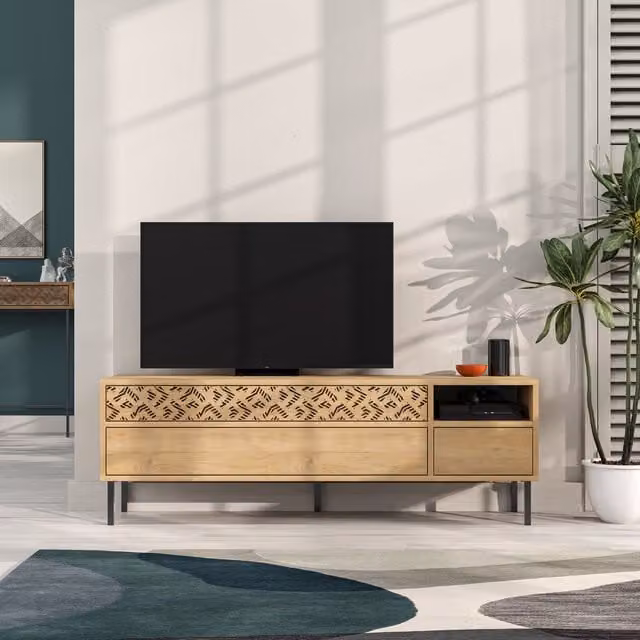 Decortie Modern Multimedia TV Unit with Media Compartments in Brown and Yellow Wood and Metal