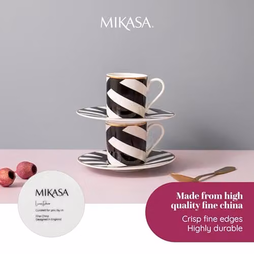 Mikasa Luxe Deco Geometric Bone China Espresso Cup and Saucer Set of 2, 110ml, Black, White and Gold – 3