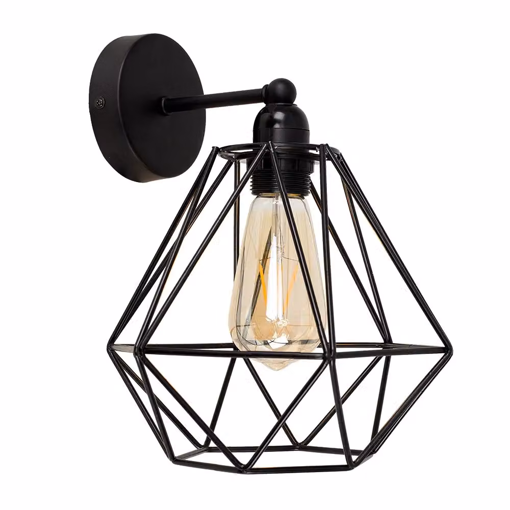 MiniSun Industrial Steampunk Satin Black Pipework Single Wall Light with Metal Basket Cage Shade – 2