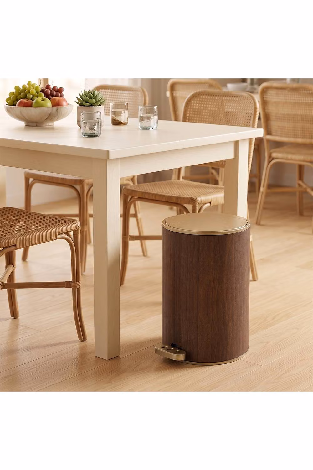 Living and Home Round Wood Effect Pedal Bin with Dual Open Lid in Brown, 28 l – 2