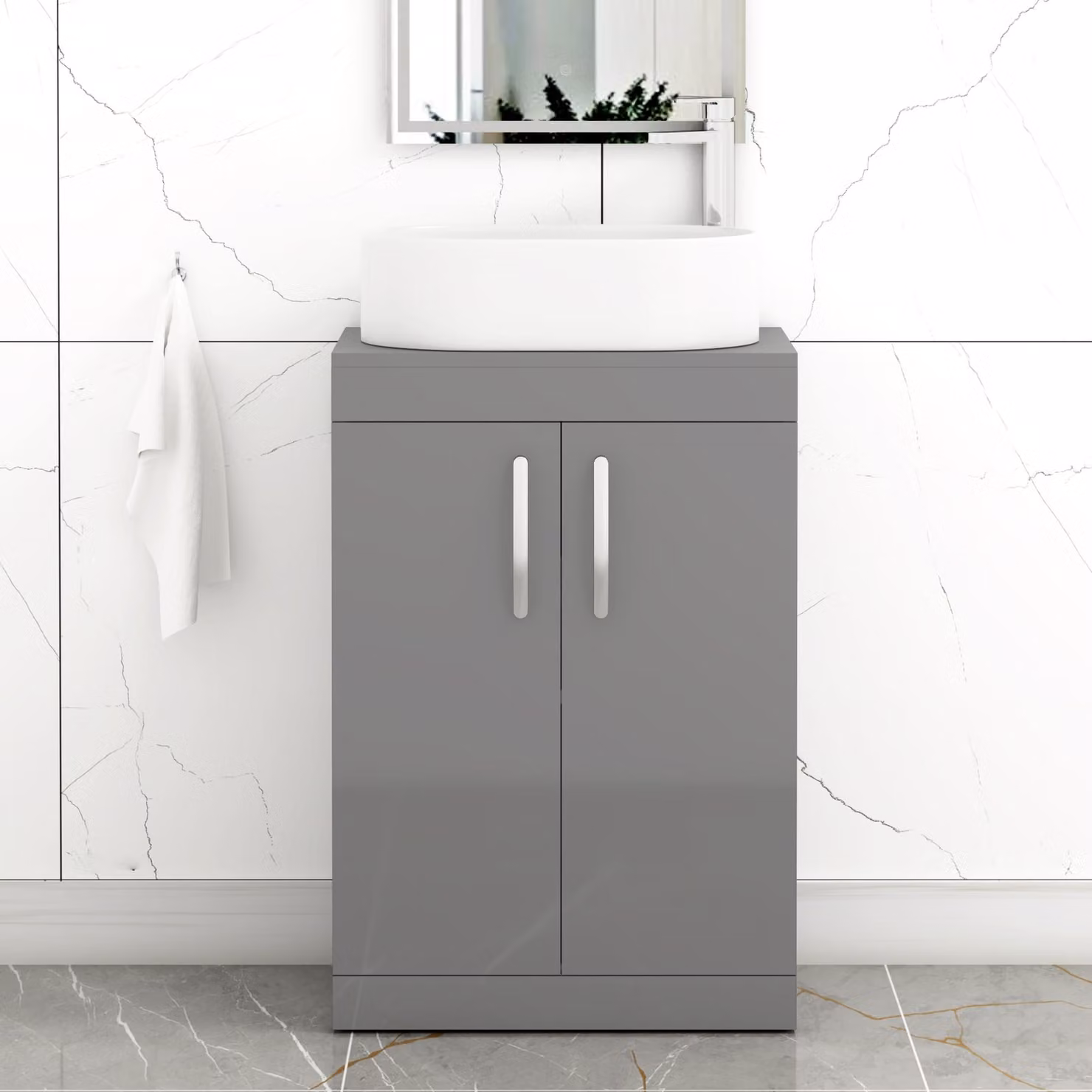 Royal Bathrooms Turin 600mm Floor Standing 2 Door Vanity Unit in Grey Gloss with Countertop Basin