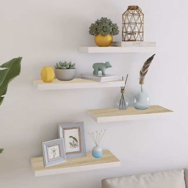 Berkfield Home Set of 4 Floating Wall Shelves in Oak and White, W: 60 cm, D: 23.5 cm, H: 3.8 cm