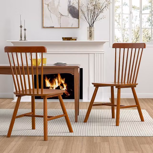 Livingandhome Set of 2 Scandinavian Nordic Windsor Dining Chairs in Brown Rubberwood