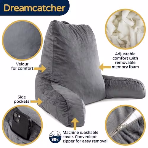 Dreamcatcher Grey Shredded Memory Foam Reading Pillow with Contoured Wedge Support and Removable Washable Velvet Cover – 4