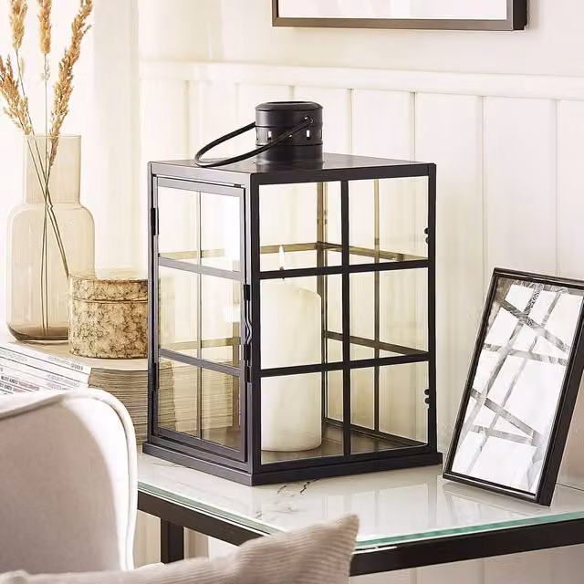 Wyld and Coco Black Metal Scandinavian Style Lantern with Glass Panels and Handle, Height: 27 cm