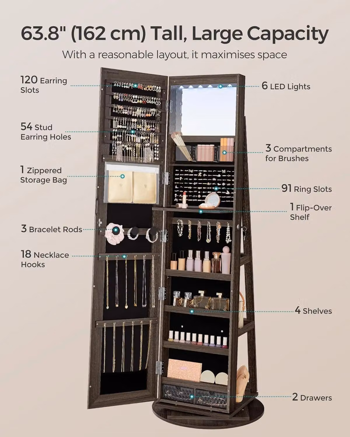 SONGMICS LED Jewellery Cabinet with Lockable Storage and Mirror in Dark Brown – 5