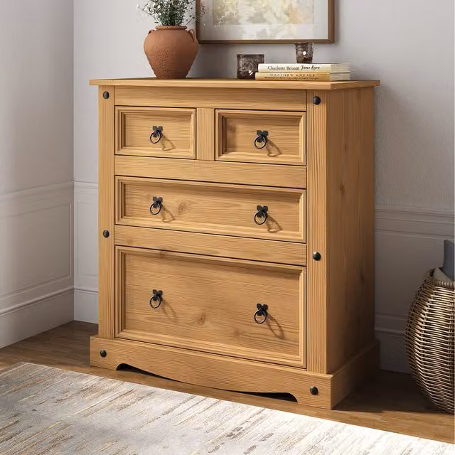 Mews Rustic Waxed Pine 4 Drawer Chest Of Drawers in Brown