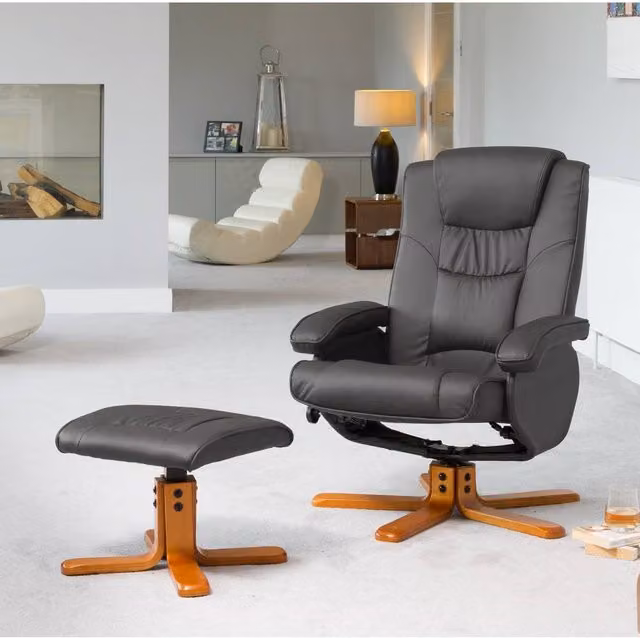 Artemis Home Severn Swivel Recliner Chair and Ottoman in Grey with Synthetic Leather and Solid Wood Frame