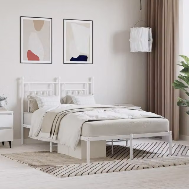Berkfield Home Metal Bed Frame with Headboard in White, W/D/H: 120 x 190 cm
