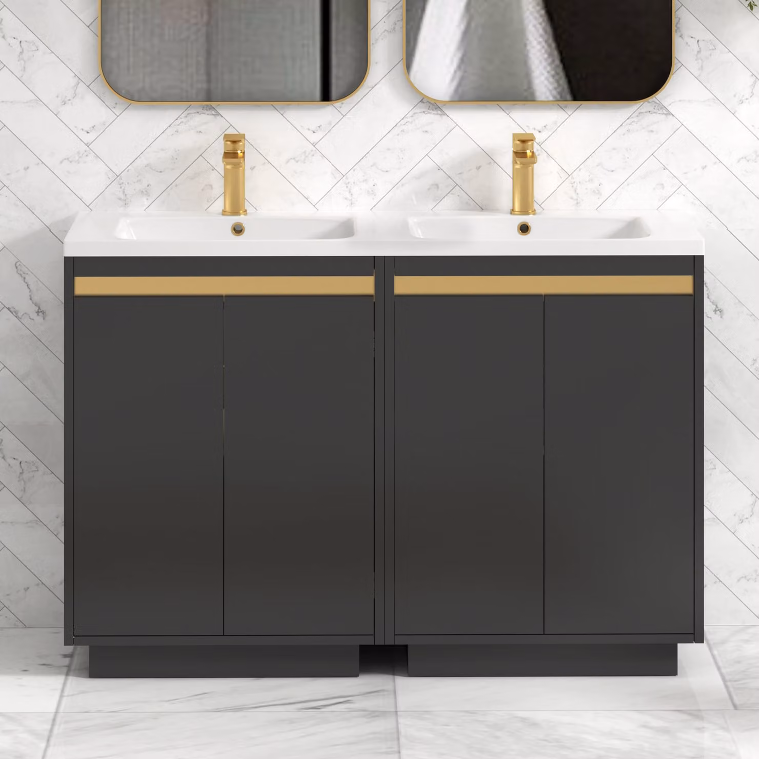 Royal Bathrooms Orion 1200mm Matt Obsidian Black 4 Door Floor Standing Vanity Unit with Ceramic Basin and Gold Accent Trim