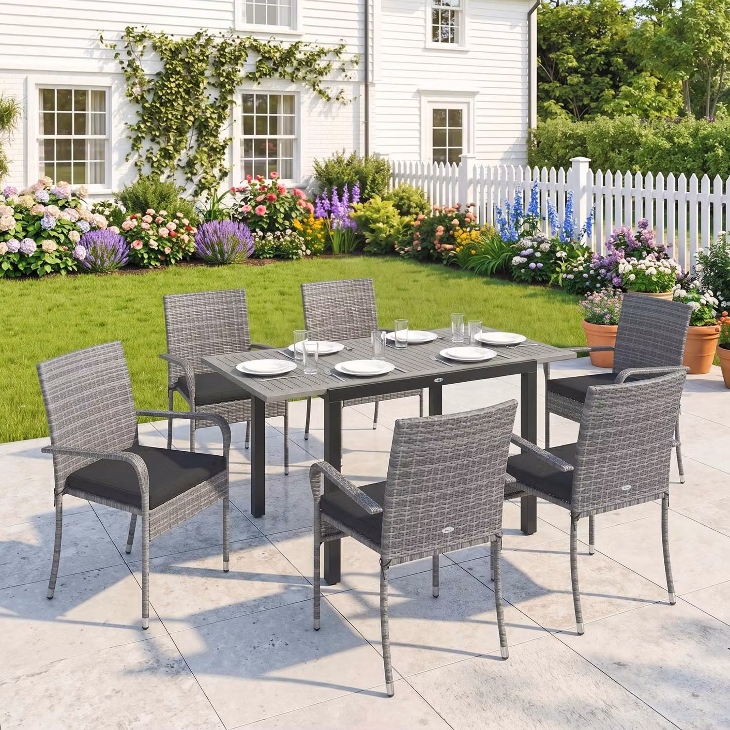 Outsunny 7 Piece Grey Rattan Garden Furniture Set with Extendable Acacia Wood Tabletop and 6 Stackable Chairs – 2