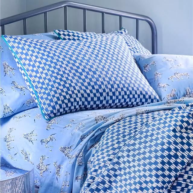 Martex Blue Zebras in Love Cotton Fitted Sheet, Blue, W/D/H: 90 x 200 cm
