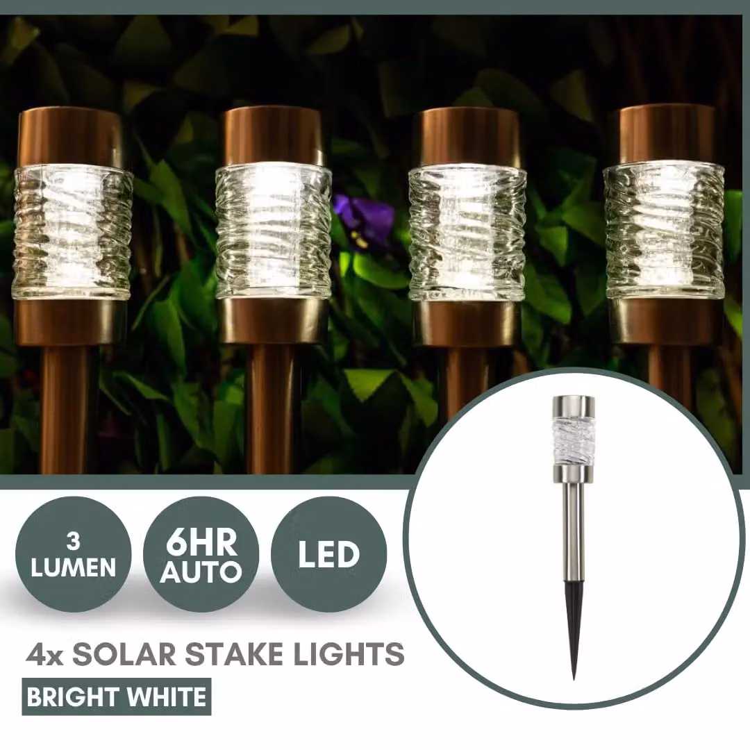 Marco Paul 4 Pack of Silver Stainless Steel Solar LED Garden Stake Lights, Height: 42 cm – 4