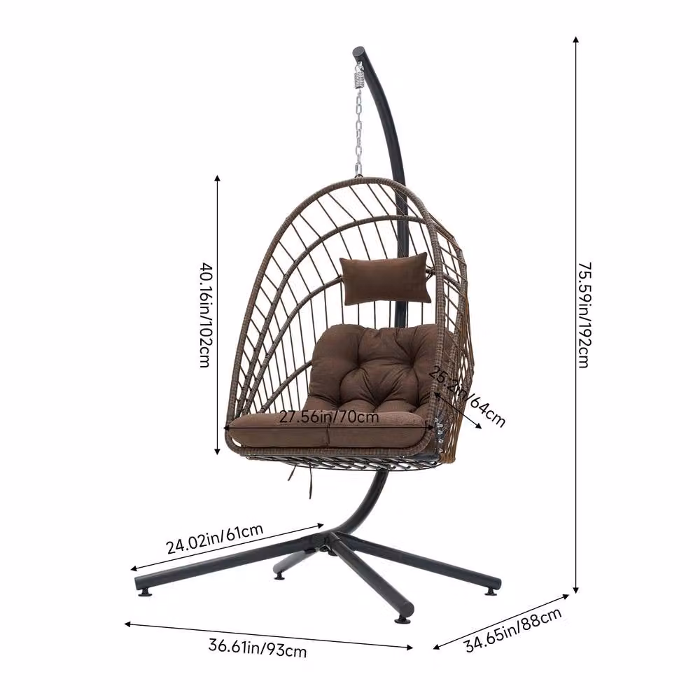 Living and Home Brown Hanging Egg Chair with Cushion and Headrest featuring Rattan and Metal Frame – 3