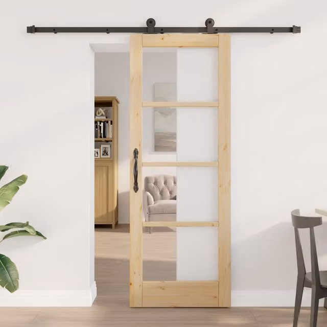 Berkfield Home Orkdal Minimalist Sliding Door with Hardware Set in Brown, Solid Wood and Glass, H: 198.5 cm, W: 73.5 cm – 1