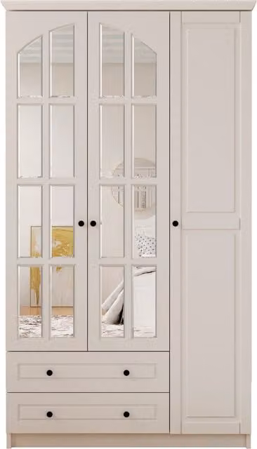 EVUHOME Modern White 3 Door 2 Drawer Wardrobe with Mirrors, H 184 x W 105 x D 52 cm