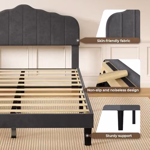 Levede Modern Upholstered Small Double Bed Frame in Grey Fabric, W/D/H: 120 x 190 x 25.5 cm – 10