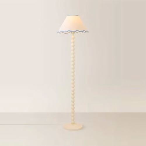 ValueLights Blue and Beige Fabric Floor Lamp with Wood Base, H 145 cm x W 40 cm x D 40 cm – 1