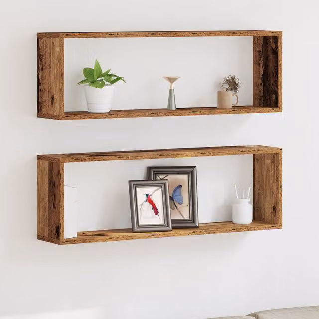 Berkfield Home Wall Mounted Shelves, 2 Piece Set in Brown Old Wood, W/D/H: 80 x 26 x 15 cm