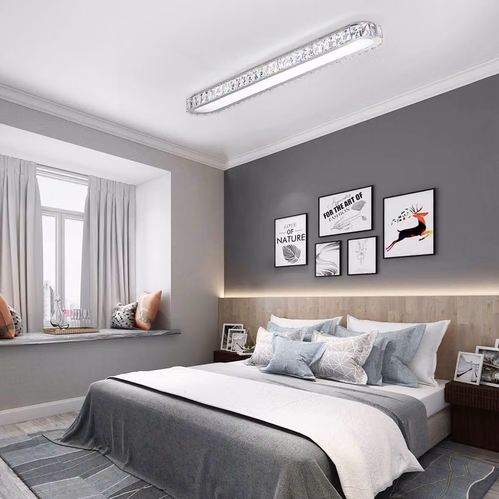 NIVOR Dimmable Rectangle Crystal LED Ceiling Light in Chrome and White, W: 100 cm, 48W – 4