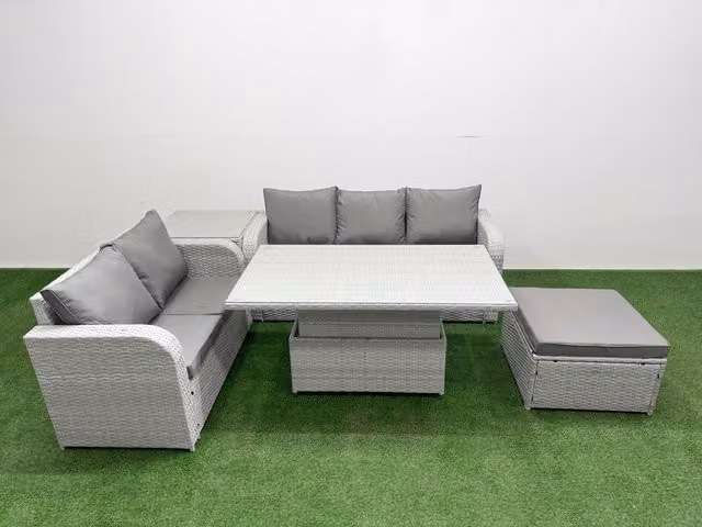 Fimous 6 Seater Grey PE Rattan Wicker Garden Furniture Set with L-Shape Sofa, Ottoman, and Adjustable Lifting Coffee Table