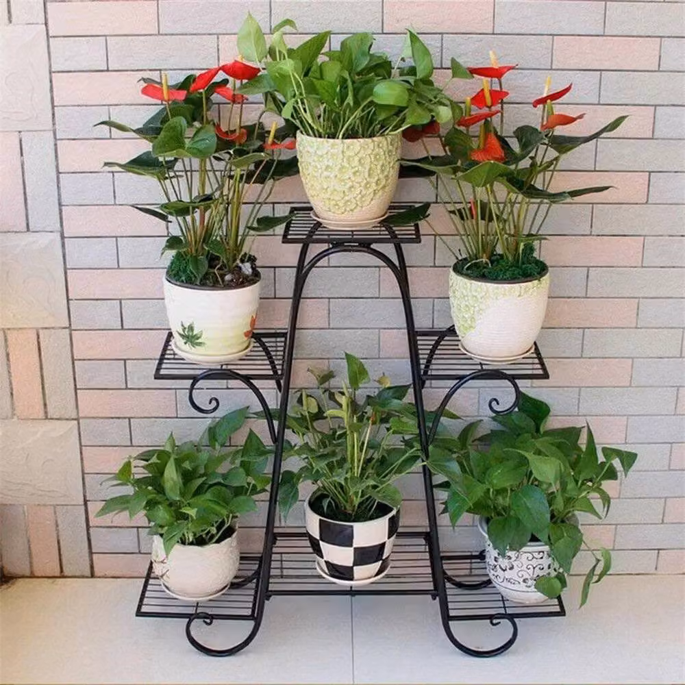 NESTLUNE 6-Tier Metal Plant Stand in Matt Black for Indoor and Outdoor Use, H 84.3 x W 100 x D 15 cm – 3