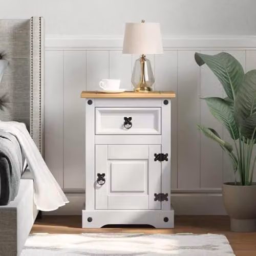 vidaXL Corona Bedside Table in White Solid Pine Wood, W: 45 cm, D: 35 cm, H: 64 cm – 2
