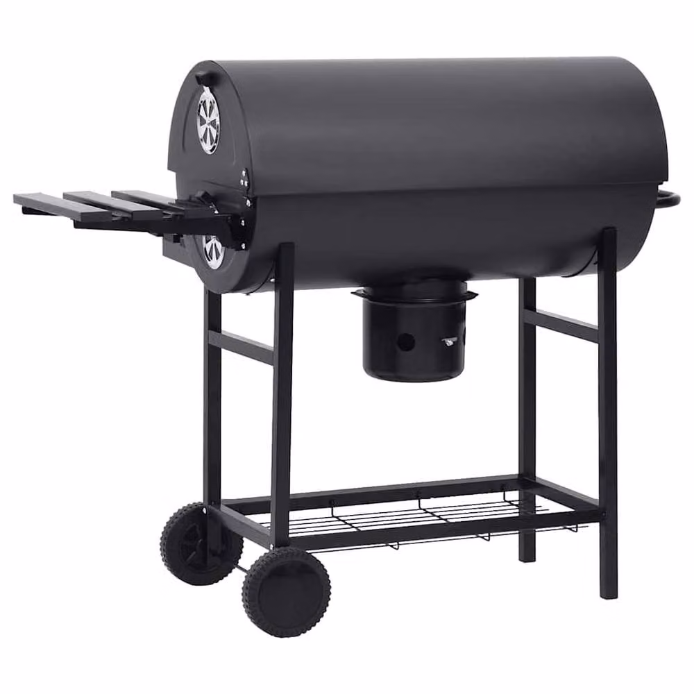 Berkfield Home Durable Black Steel Charcoal Barrel Grill with Wheels and Shelves W/D/H: 115 x 85 x 95 cm – 3