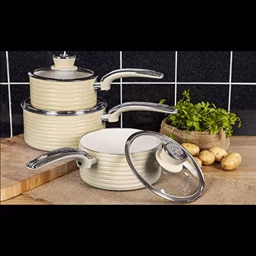 Swan Retro 3 Piece Induction Saucepan Set with Glass Lids, Ceramic Coating, Beige – 2