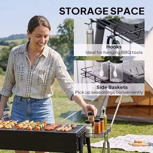Outsunny Portable Charcoal Barbecue Grill with Seasoning Baskets and Hooks, Black – 5