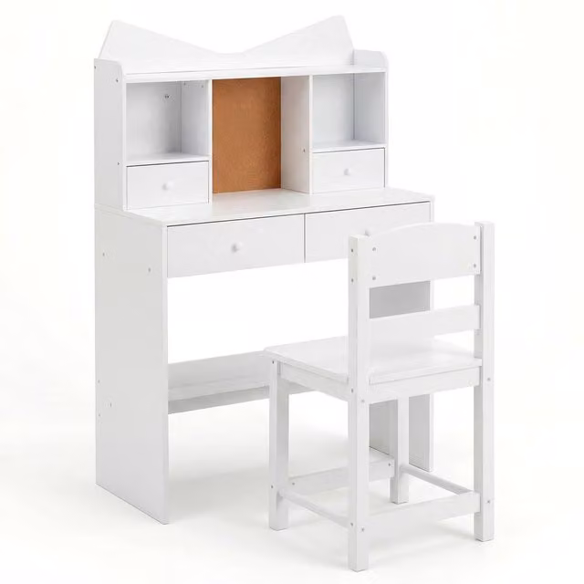Costway Kids Wooden Study Desk and Chair Set with 4 Drawers in White